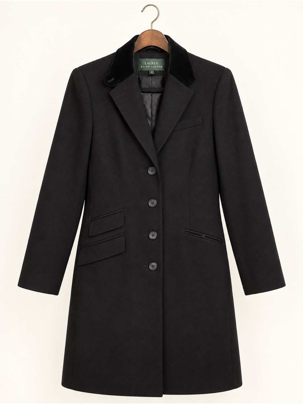 Lauren Ralph Lauren Black Velvet-Collar Wool Coat